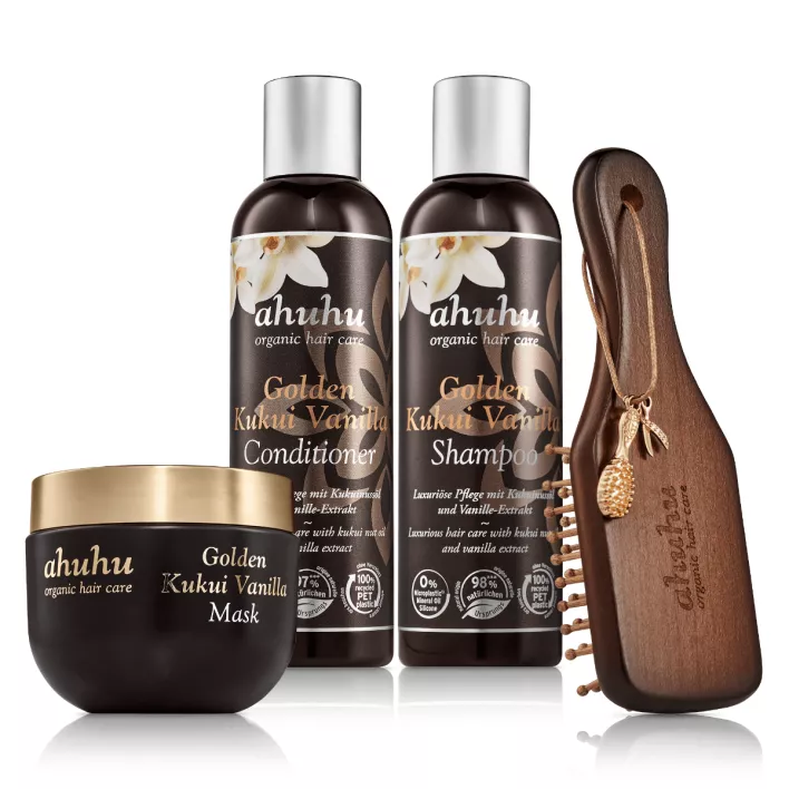 ahuhu GOLDEN KUKUI VANILLA Coffret cadeau 4 produits cheveux à l’huile de kukui et à la vanille