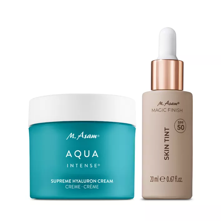M. Asam AQUA INTENSE Supreme Hyaluron Creme & MAGIC FINISH Skin Tint LSF 50 Cool Honey