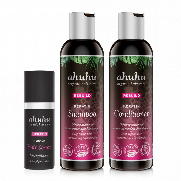 ahuhu REBUILD Shampoing, après-shampoing & sérum capillaire à la kératine