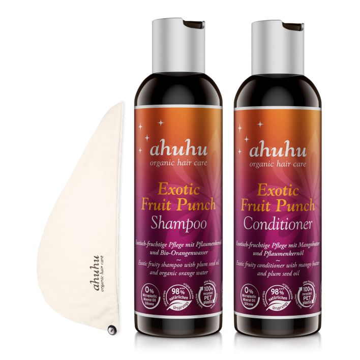 ahuhu EXOTIC FRUIT PUNCH Shampoo & Conditioner Set mit Haarturban