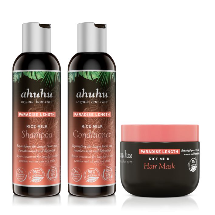 ahuhu PARADISE LENGTH Set de 3 soins au lait de riz: shampoing, après-shampoing & masque