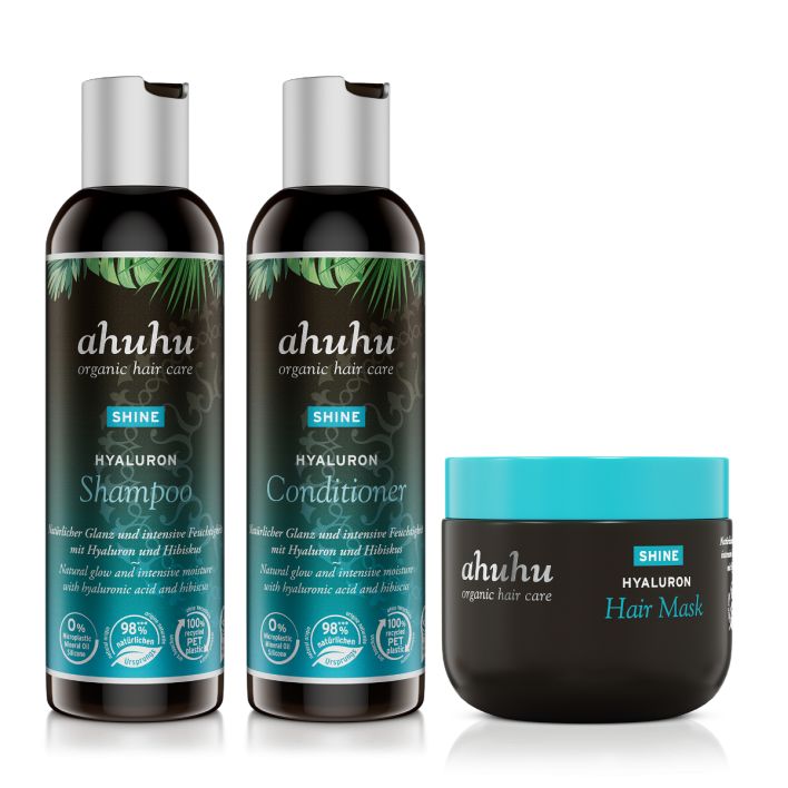 ahuhu SHINE Set de 3 soins à l'acide hyaluronique: shampoing, après-shampoing & masque