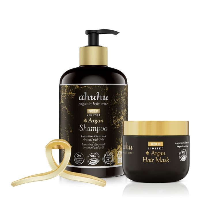 ahuhu GOLD LIMITED Set à l'huile d'argan : shampoing, masque et pince à cheveux